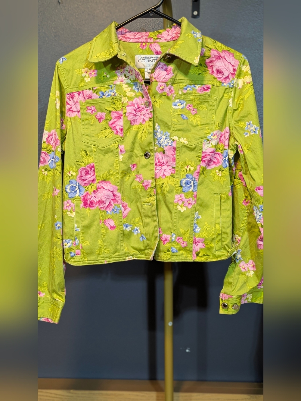 Jones New York Country Bright Lime Green Floral Denim Jacket 19x20